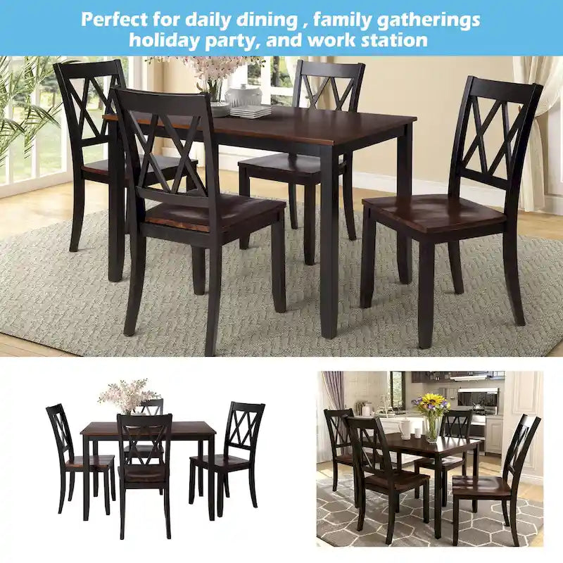 Juego de comedor de 5 piezas con mesa rectangular, color blanco y negro con respaldo en X, para 4 personas