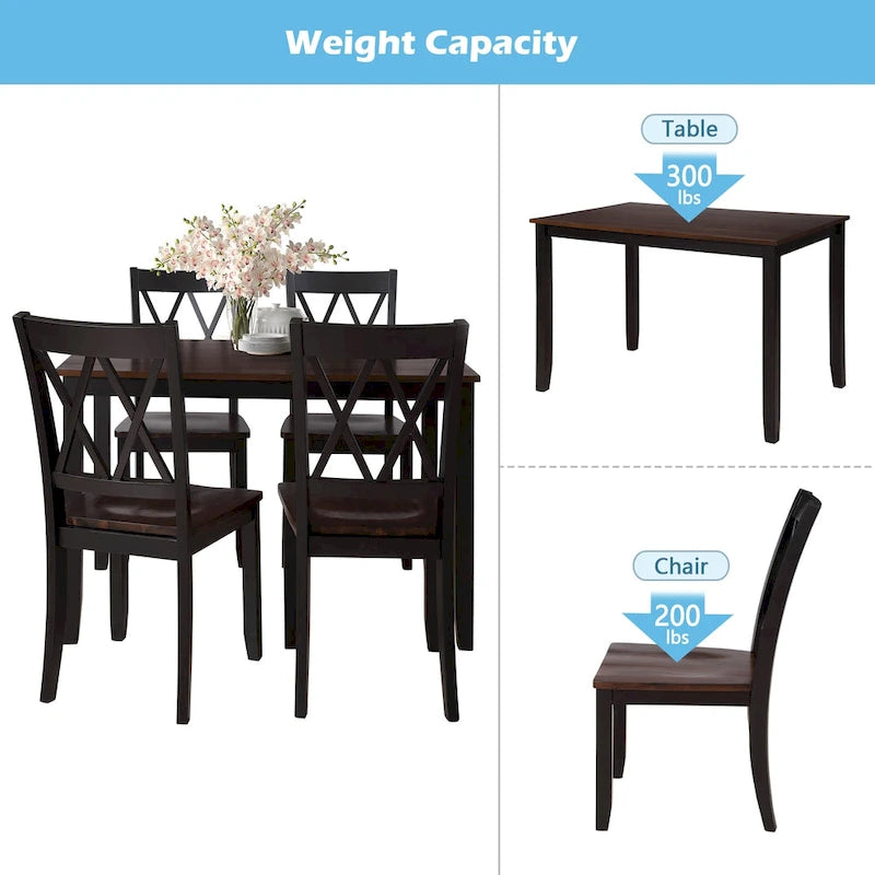 Juego de comedor de 5 piezas con mesa rectangular, color blanco y negro con respaldo en X, para 4 personas