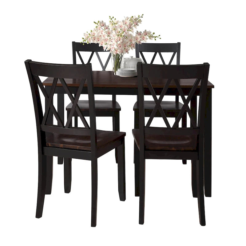 Juego de comedor de 5 piezas con mesa rectangular, color blanco y negro con respaldo en X, para 4 personas