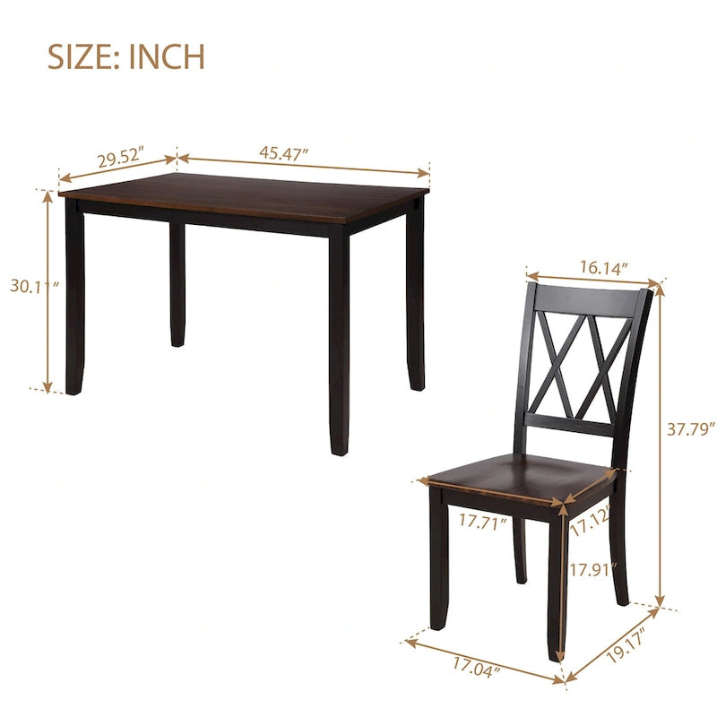 Juego de comedor de 5 piezas con mesa rectangular, color blanco y negro con respaldo en X, para 4 personas