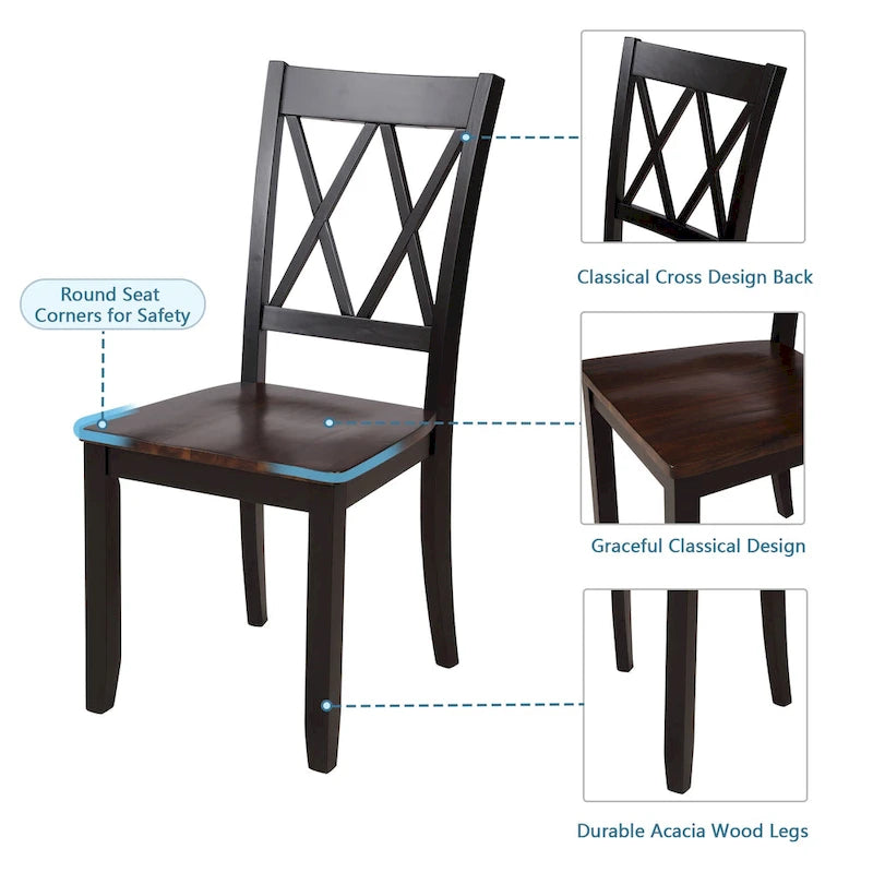 Juego de comedor de 5 piezas con mesa rectangular, color blanco y negro con respaldo en X, para 4 personas