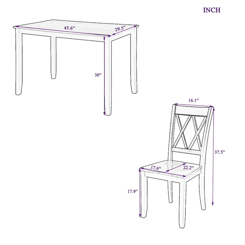 Juego de comedor de 5 piezas con mesa rectangular, color blanco y negro con respaldo en X, para 4 personas