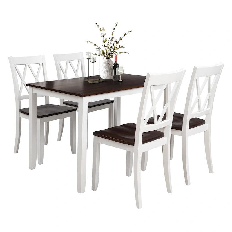 Juego de comedor de 5 piezas con mesa rectangular, color blanco y negro con respaldo en X, para 4 personas