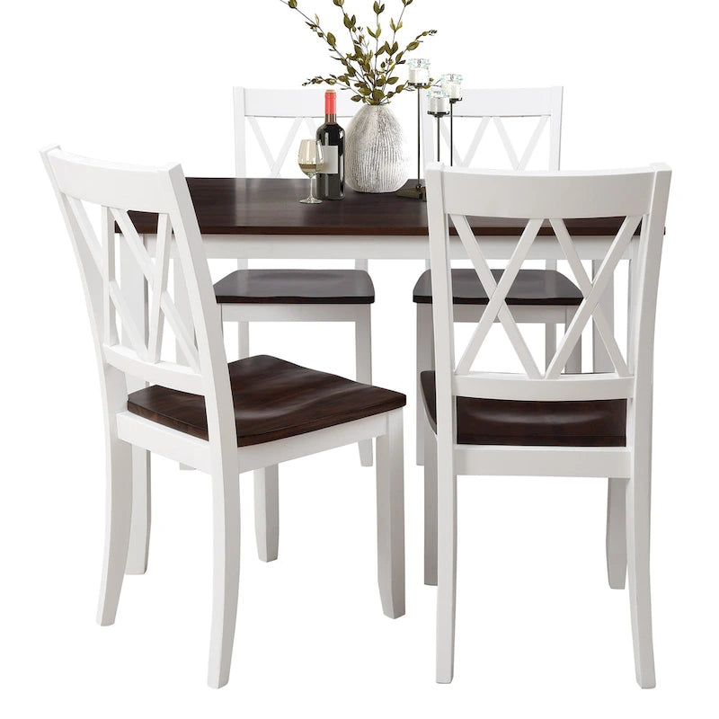 Juego de comedor de 5 piezas con mesa rectangular, color blanco y negro con respaldo en X, para 4 personas