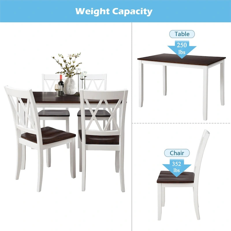 Juego de comedor de 5 piezas con mesa rectangular, color blanco y negro con respaldo en X, para 4 personas