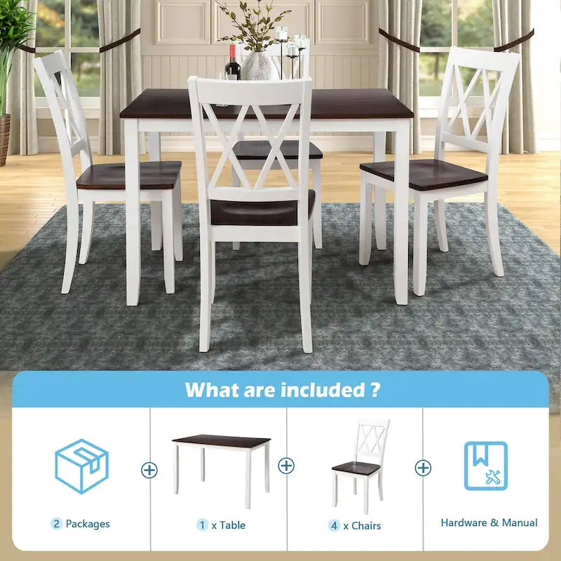 Juego de comedor de 5 piezas con mesa rectangular, color blanco y negro con respaldo en X, para 4 personas