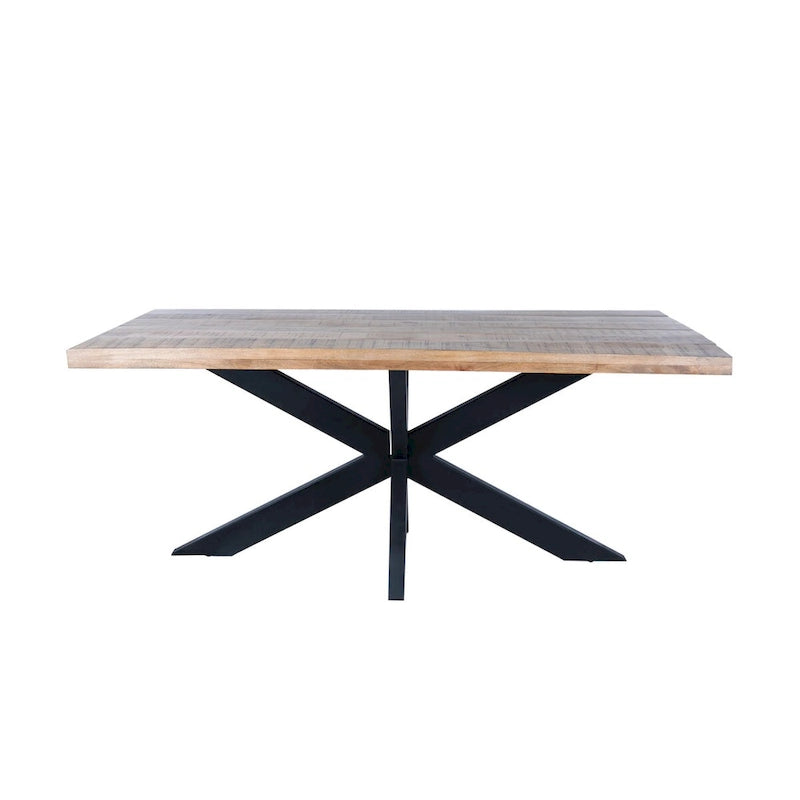 Mesa de comedor rectangular negra, superficie de madera de mango y patas de metal tipo araña, para 6 personas, 160 cm