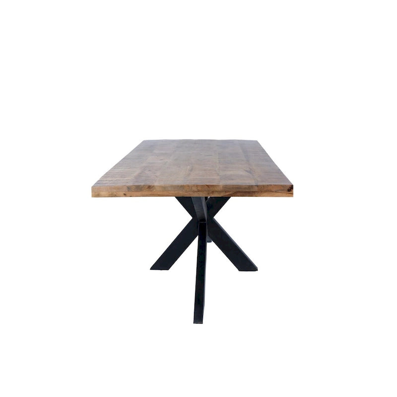 Mesa de comedor rectangular negra, superficie de madera de mango y patas de metal tipo araña, para 6 personas, 160 cm
