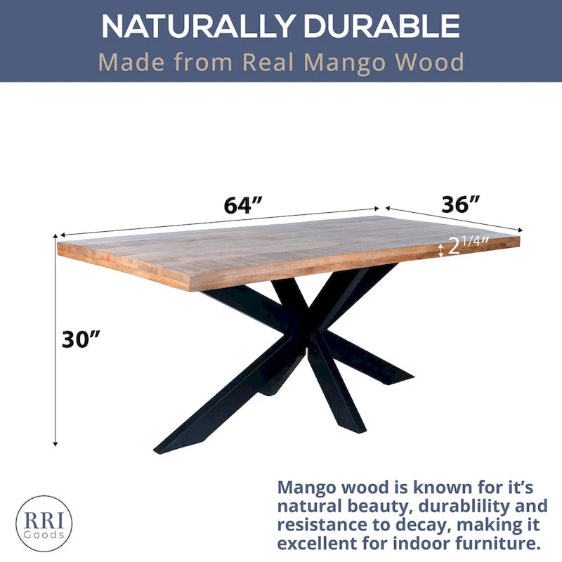 Mesa de comedor rectangular negra, superficie de madera de mango y patas de metal tipo araña, para 6 personas, 160 cm