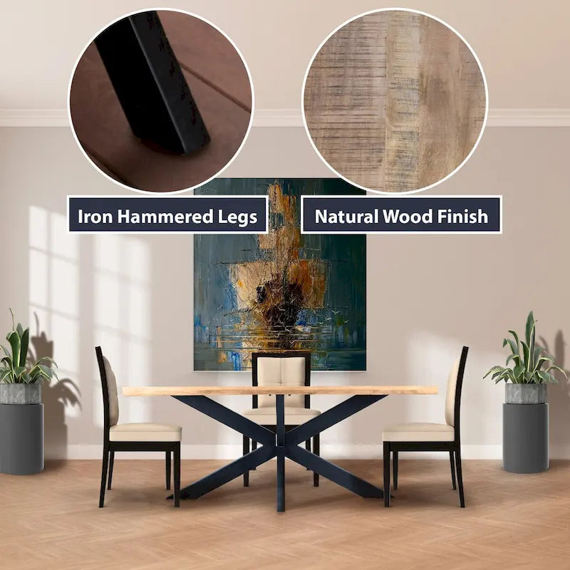 Mesa de comedor rectangular negra, superficie de madera de mango y patas de metal tipo araña, para 6 personas, 160 cm