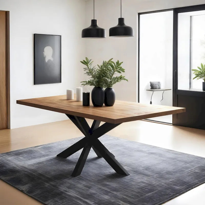 Mesa de comedor rectangular negra, superficie de madera de mango y patas de metal tipo araña, para 6 personas, 160 cm