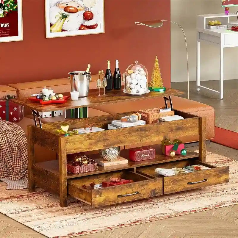 Mesa de centro elevable, Gris/Marrón rústico/Espresso, para 2 personas, 43.3" An.