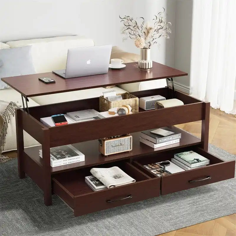 Mesa de centro elevable, Gris/Marrón rústico/Espresso, para 2 personas, 43.3" An.