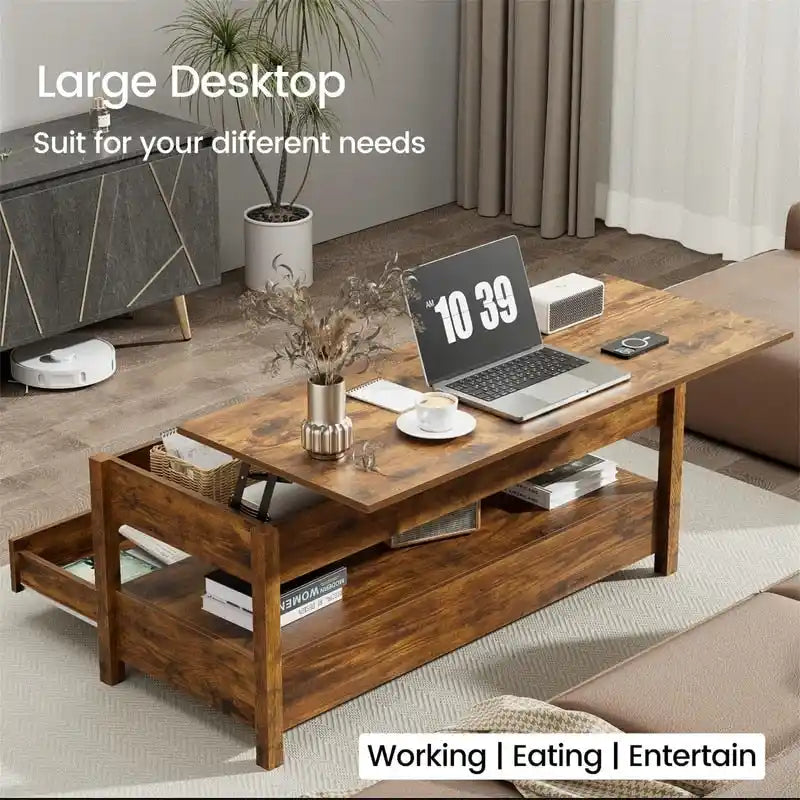 Mesa de centro elevable, Gris/Marrón rústico/Espresso, para 2 personas, 43.3" An.