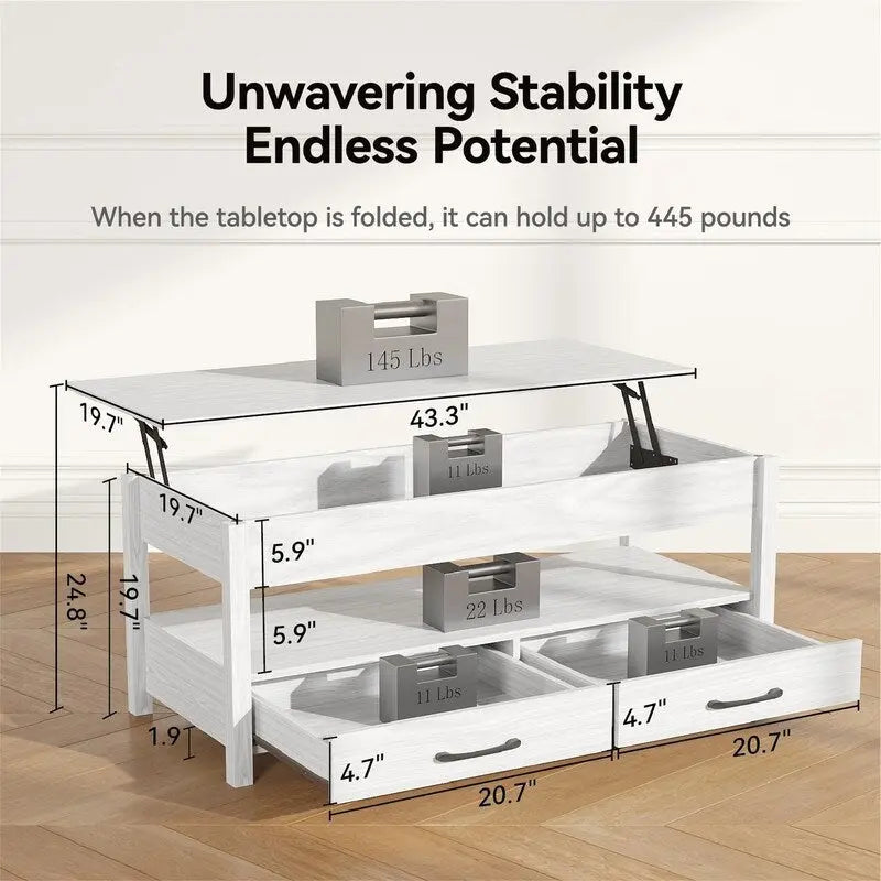 Mesa de centro elevable, Gris/Marrón rústico/Espresso, para 2 personas, 43.3" An.