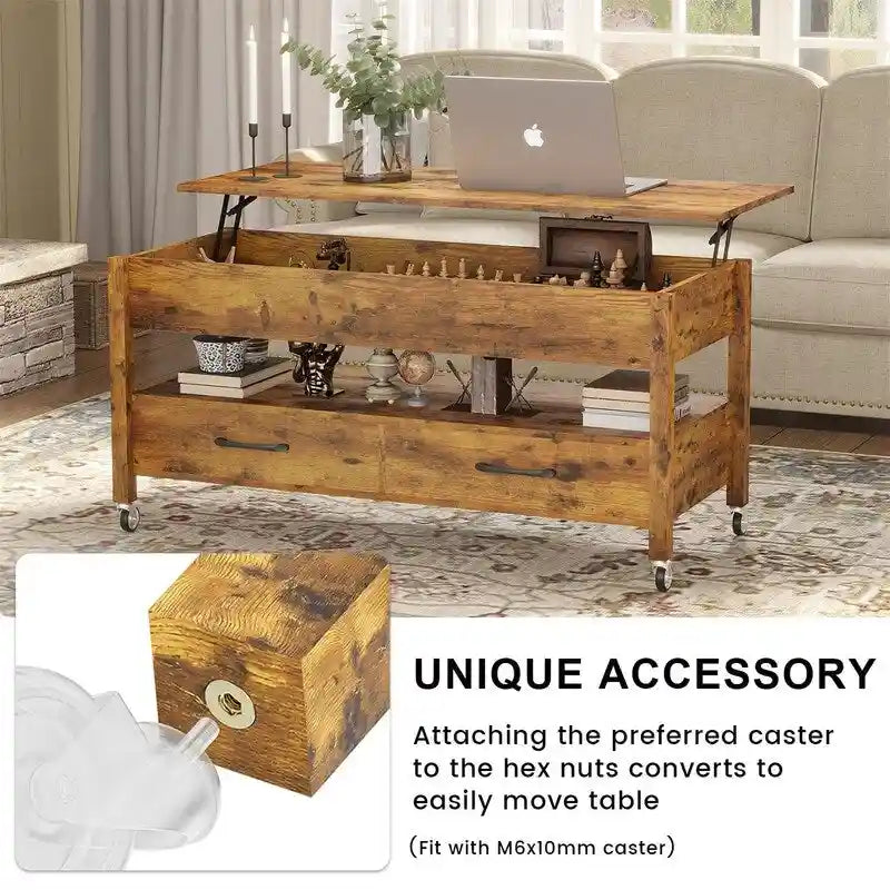 Mesa de centro elevable, Gris/Marrón rústico/Espresso, para 2 personas, 43.3" An.