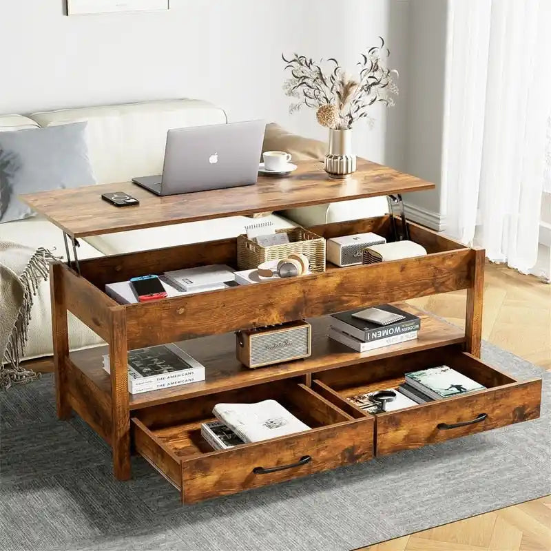 Mesa de centro elevable, Gris/Marrón rústico/Espresso, para 2 personas, 43.3" An.