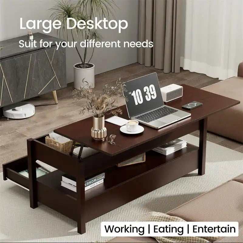 Mesa de centro elevable, Gris/Marrón rústico/Espresso, para 2 personas, 43.3" An.