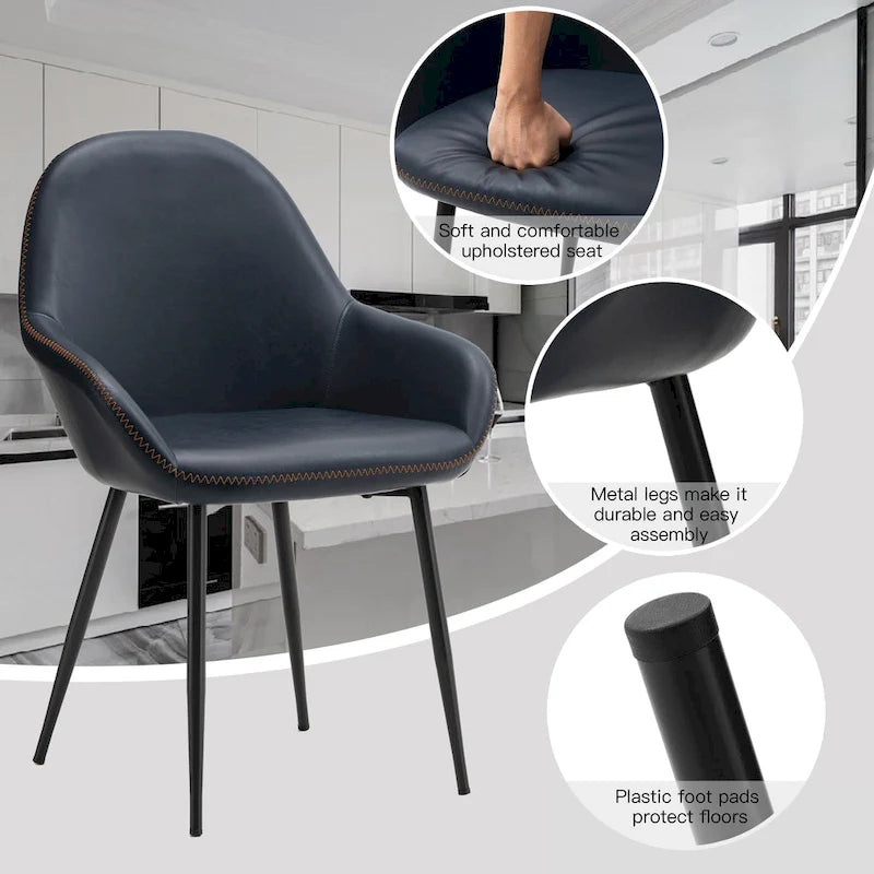 Sillón de comedor en piel sintética azul oscuro/gris de estilo escandinavo, juego de 4