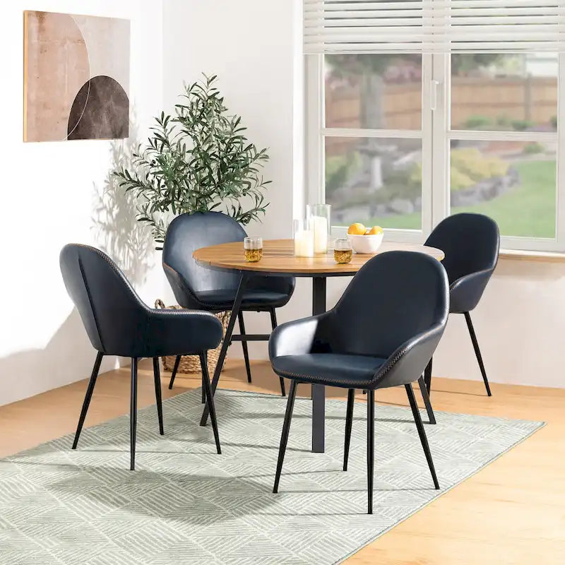 Sillón de comedor en piel sintética azul oscuro/gris de estilo escandinavo, juego de 4