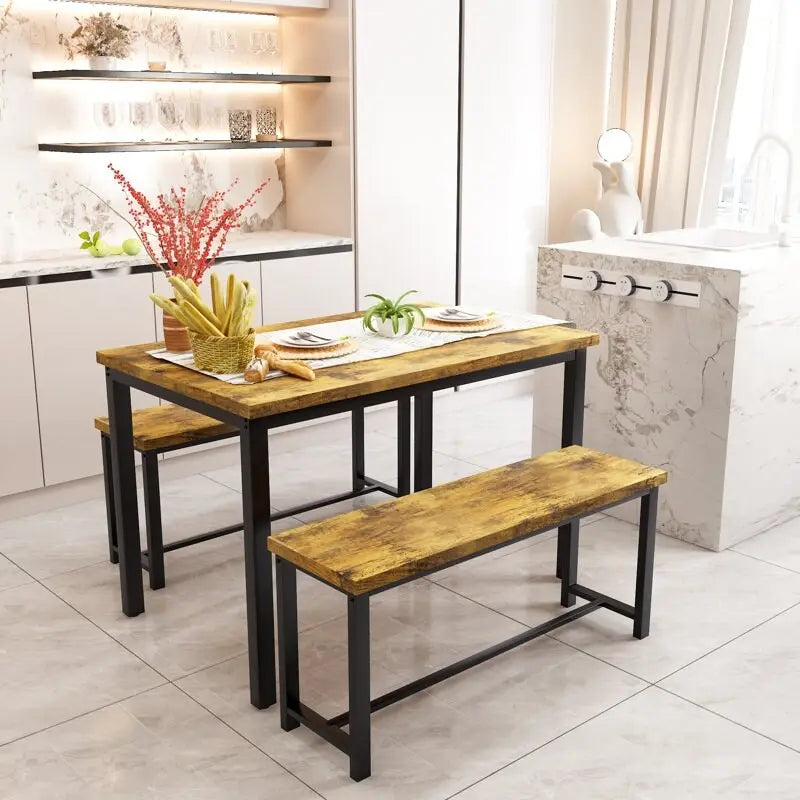 Juego de comedor de 3 piezas en beige/negro/marrón rústico con 2 bancos, capacidad para 4 personas