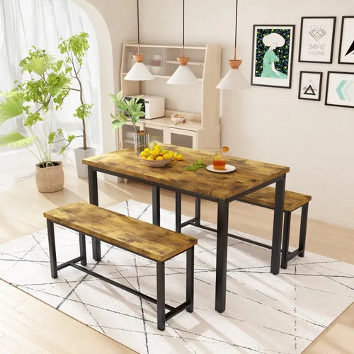 Juego de comedor de 3 piezas en beige/negro/marrón rústico con 2 bancos, capacidad para 4 personas