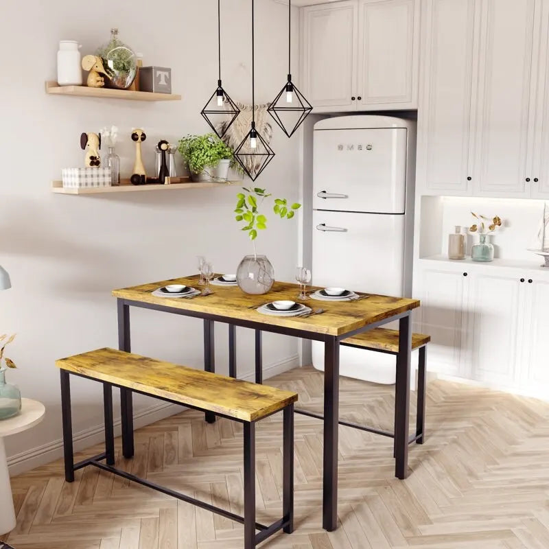 Juego de comedor de 3 piezas en beige/negro/marrón rústico con 2 bancos, capacidad para 4 personas