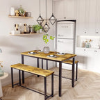 Juego de comedor de 3 piezas en beige/negro/marrón rústico con 2 bancos, capacidad para 4 personas