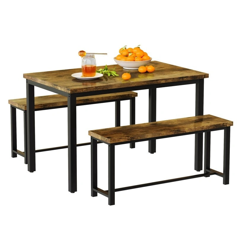 Juego de comedor de 3 piezas en beige/negro/marrón rústico con 2 bancos, capacidad para 4 personas