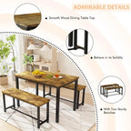 Juego de comedor de 3 piezas en beige/negro/marrón rústico con 2 bancos, capacidad para 4 personas