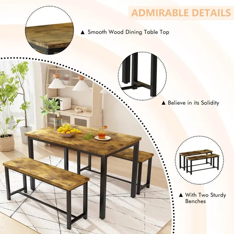 Juego de comedor de 3 piezas en beige/negro/marrón rústico con 2 bancos, capacidad para 4 personas
