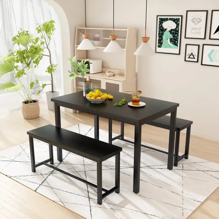 Juego de comedor de 3 piezas en beige/negro/marrón rústico con 2 bancos, capacidad para 4 personas