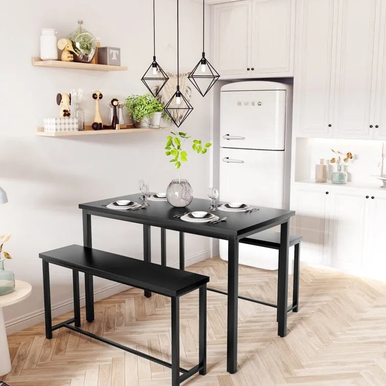 Juego de comedor de 3 piezas en beige/negro/marrón rústico con 2 bancos, capacidad para 4 personas
