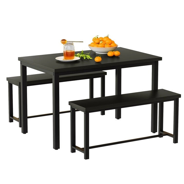 Juego de comedor de 3 piezas en beige/negro/marrón rústico con 2 bancos, capacidad para 4 personas