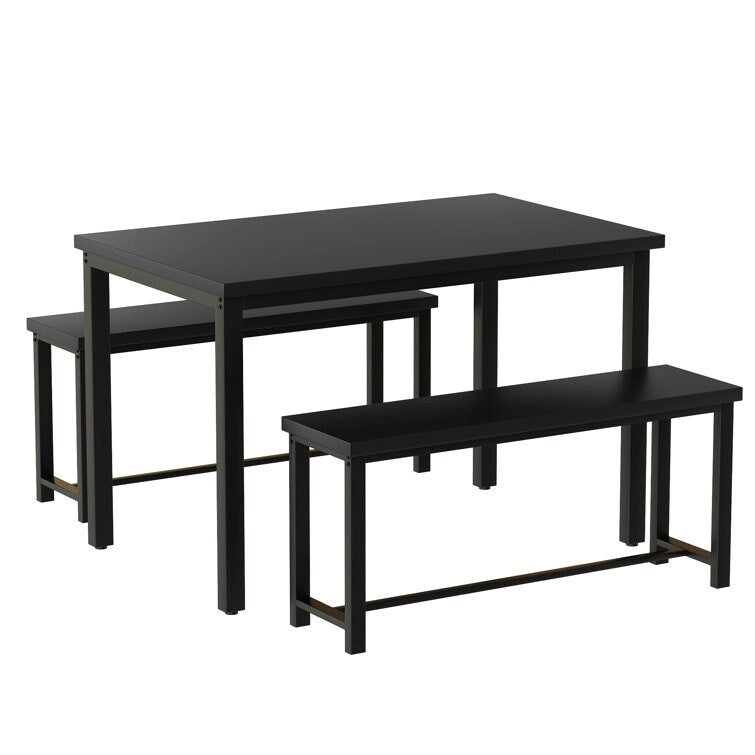 Juego de comedor de 3 piezas en beige/negro/marrón rústico con 2 bancos, capacidad para 4 personas