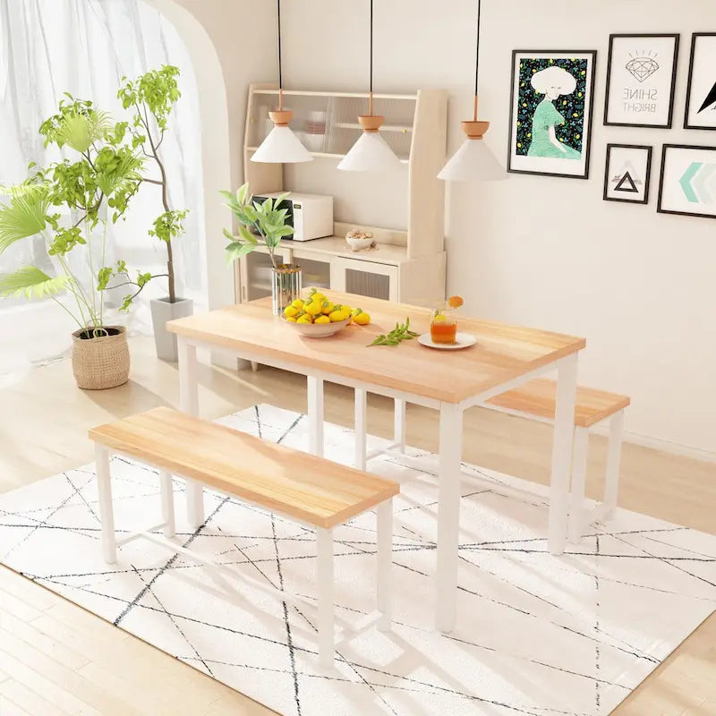 Juego de comedor de 3 piezas en beige/negro/marrón rústico con 2 bancos, capacidad para 4 personas