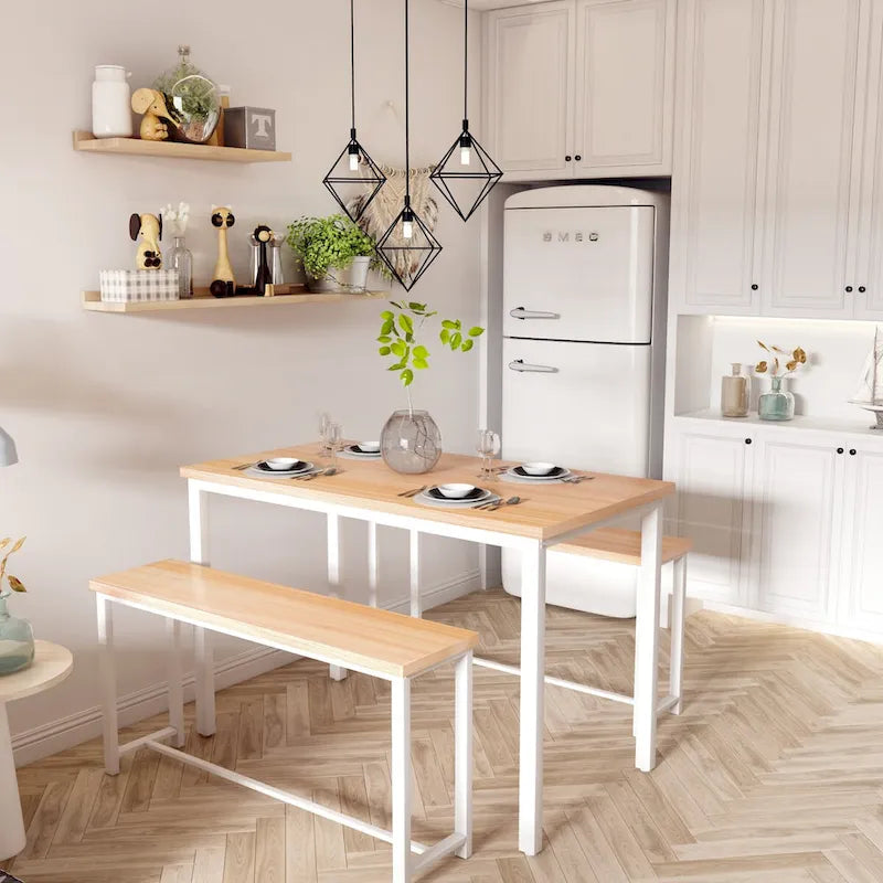 Juego de comedor de 3 piezas en beige/negro/marrón rústico con 2 bancos, capacidad para 4 personas