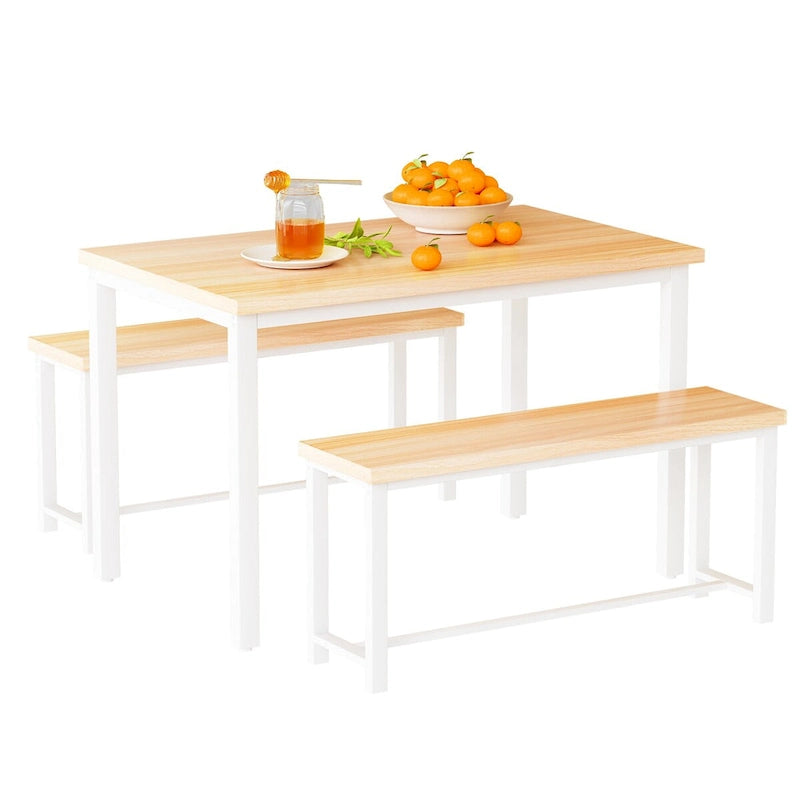 Juego de comedor de 3 piezas en beige/negro/marrón rústico con 2 bancos, capacidad para 4 personas