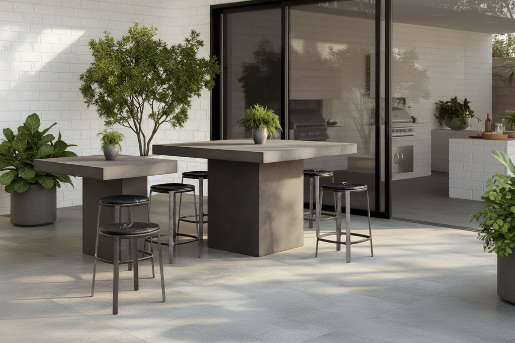 Mesa de comedor rectangular de altura de mostrador gris oscuro para 4 a 6 personas, estilo pedestal de hormigón