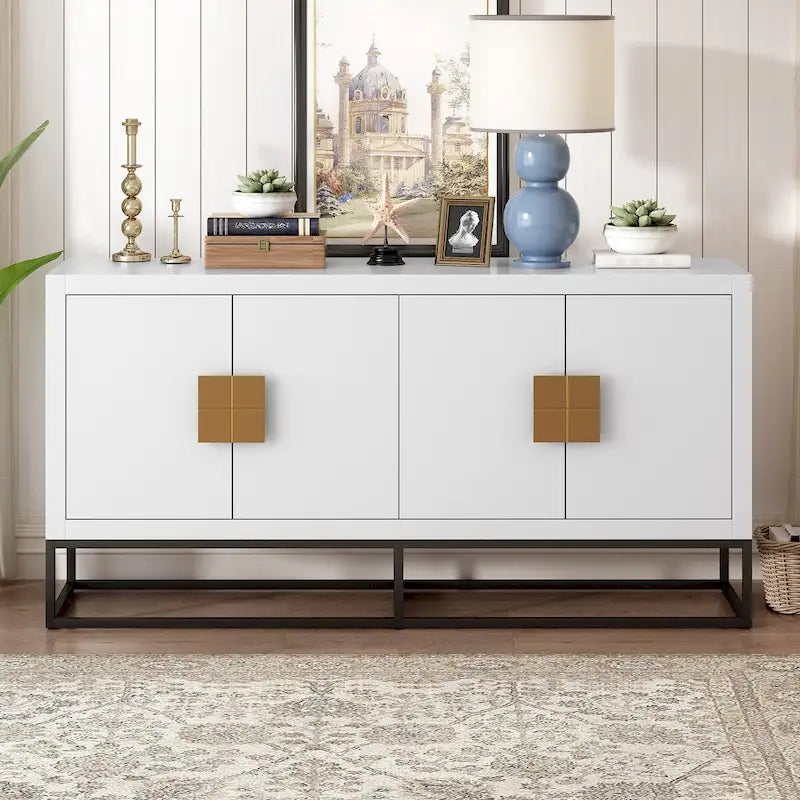 Aparador de almacenamiento de 4 puertas con estantes ajustables | Negro / Azul / Blanco