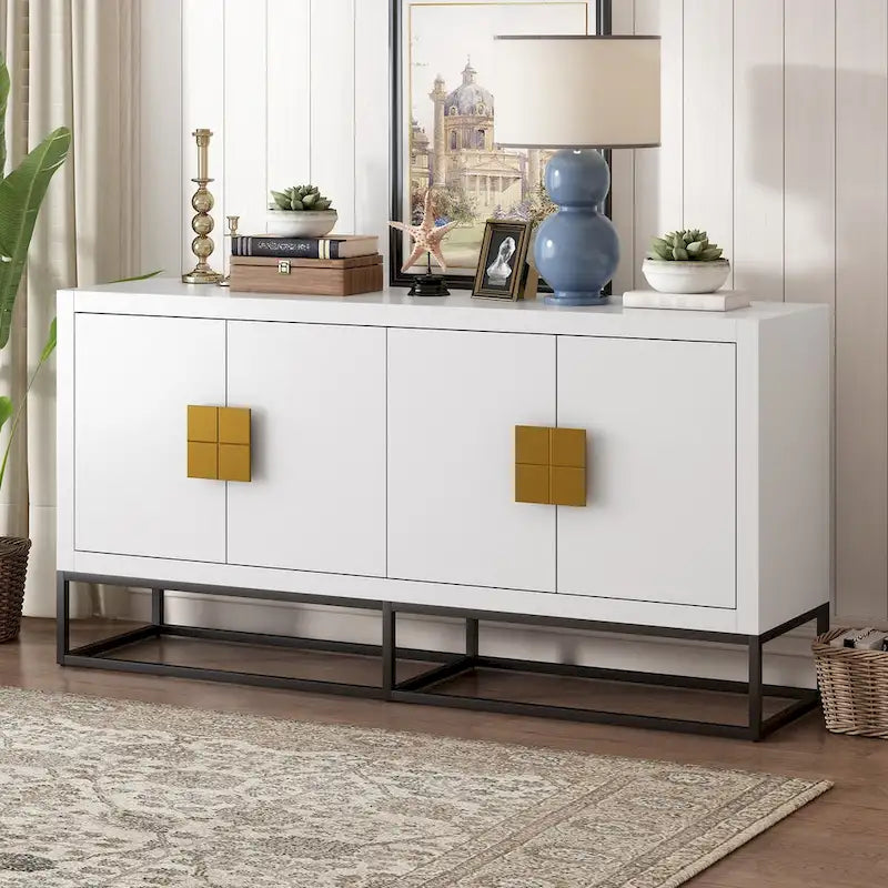 Aparador de almacenamiento de 4 puertas con estantes ajustables | Negro / Azul / Blanco
