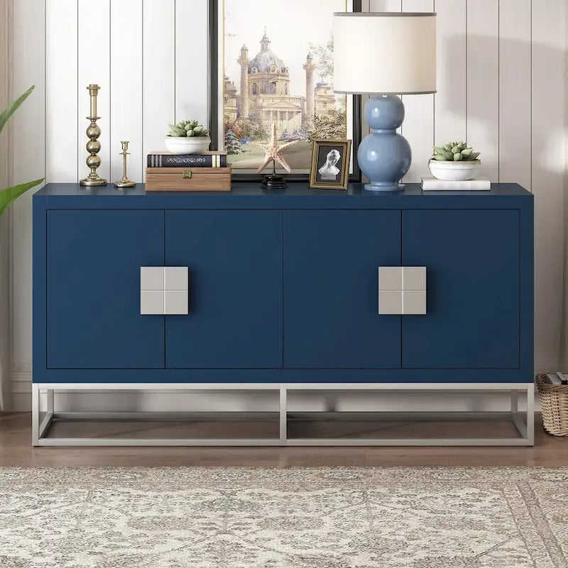 Aparador de almacenamiento de 4 puertas con estantes ajustables | Negro / Azul / Blanco