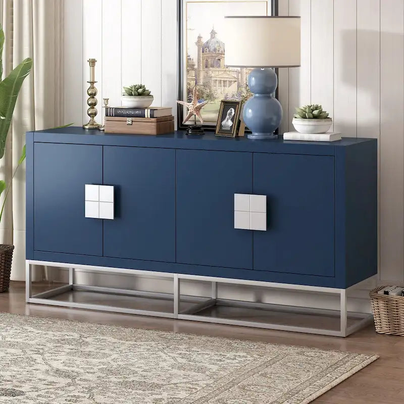 Aparador de almacenamiento de 4 puertas con estantes ajustables | Negro / Azul / Blanco