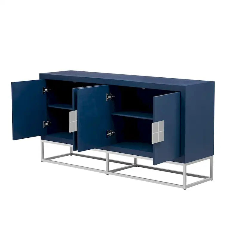 Aparador de almacenamiento de 4 puertas con estantes ajustables | Negro / Azul / Blanco