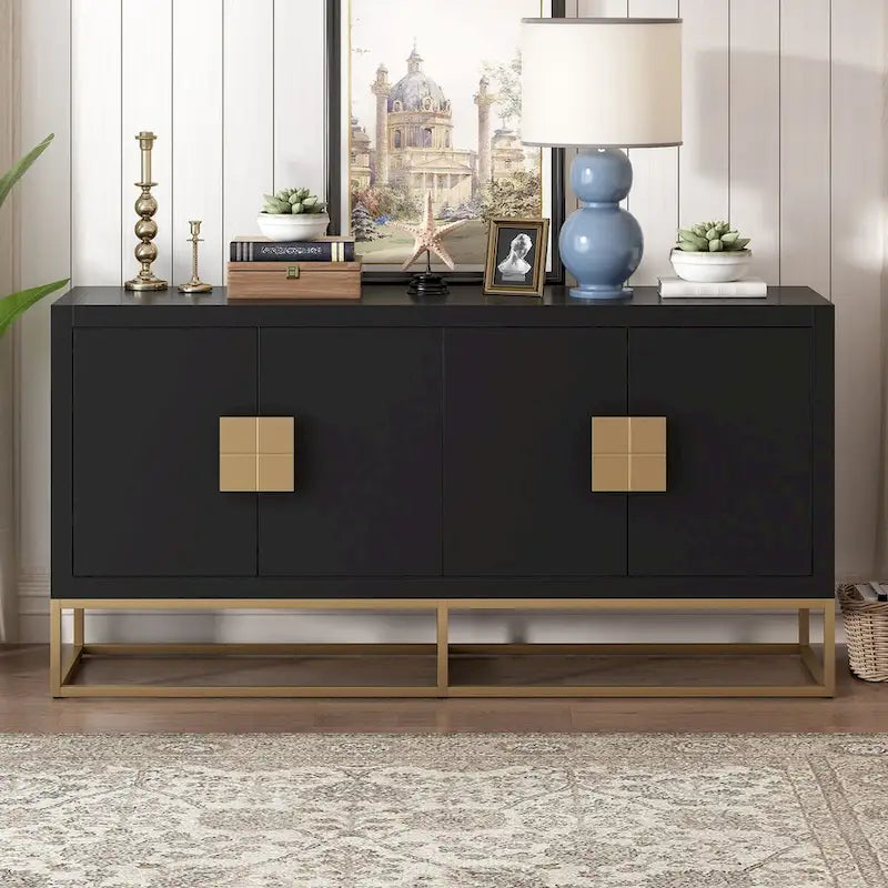 Aparador de almacenamiento de 4 puertas con estantes ajustables | Negro / Azul / Blanco
