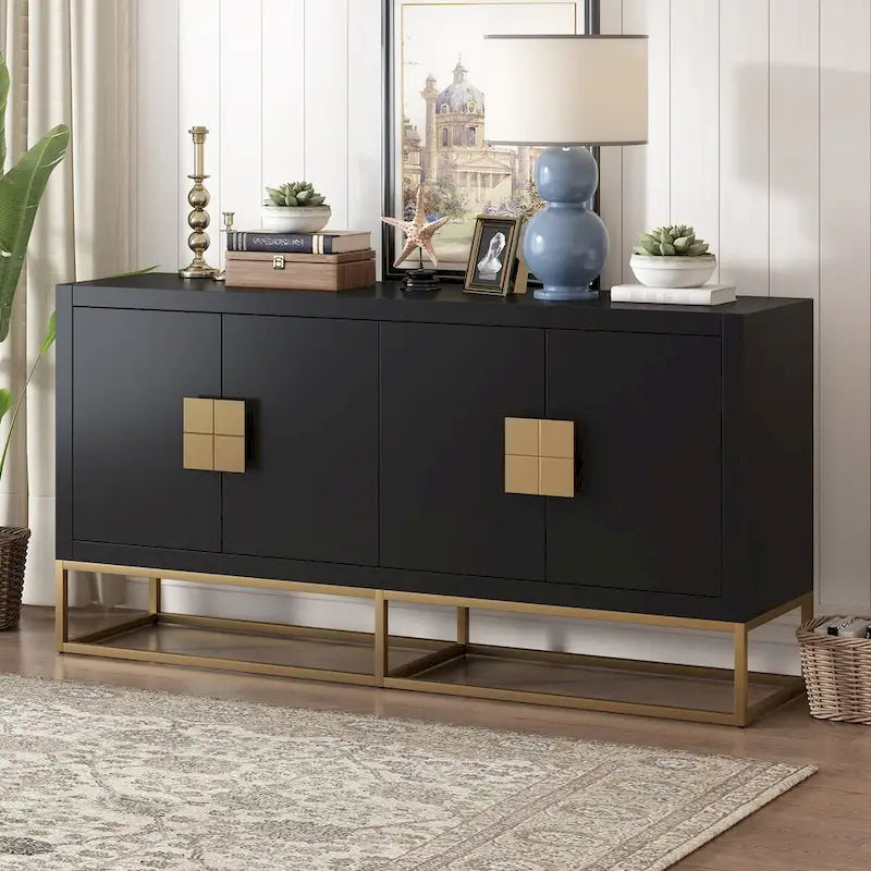 Aparador de almacenamiento de 4 puertas con estantes ajustables | Negro / Azul / Blanco