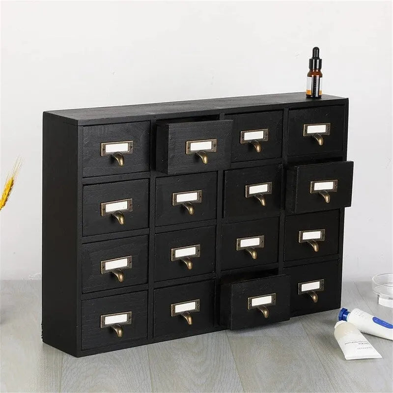 Armario de almacenamiento de madera de 16 cajones, Negro/Marrón/Azul, Organizador de escritorio para 1
