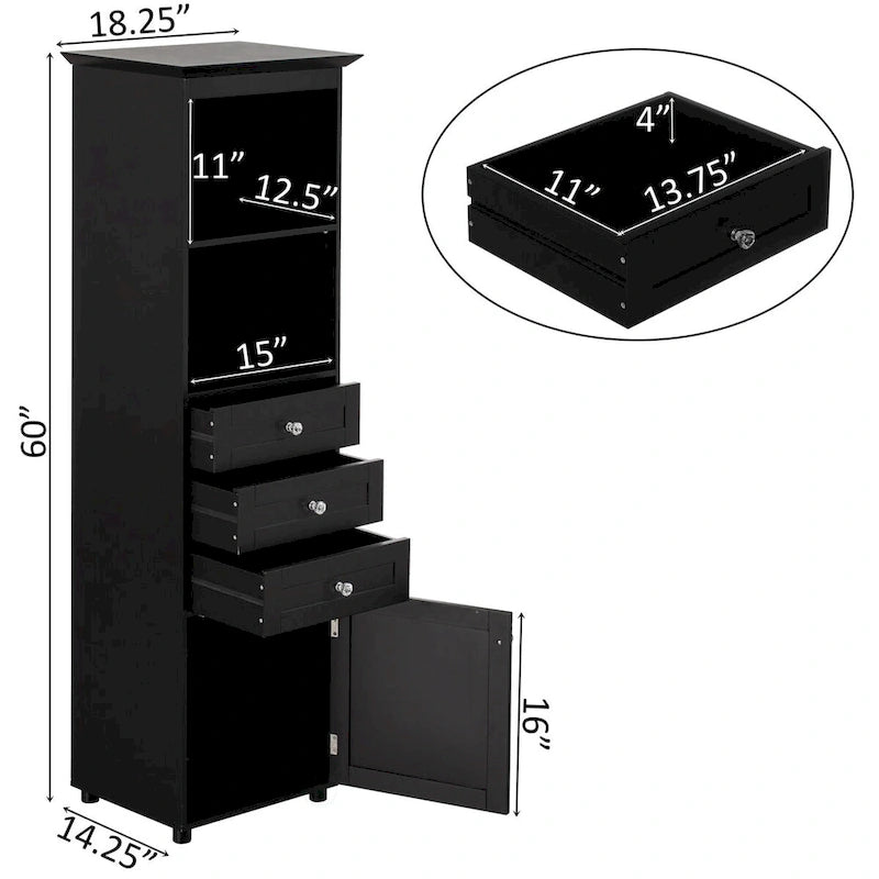 Gabinete de almacenamiento independiente blanco/negro con 2 estantes, 3 cajones y armario, para 1 persona