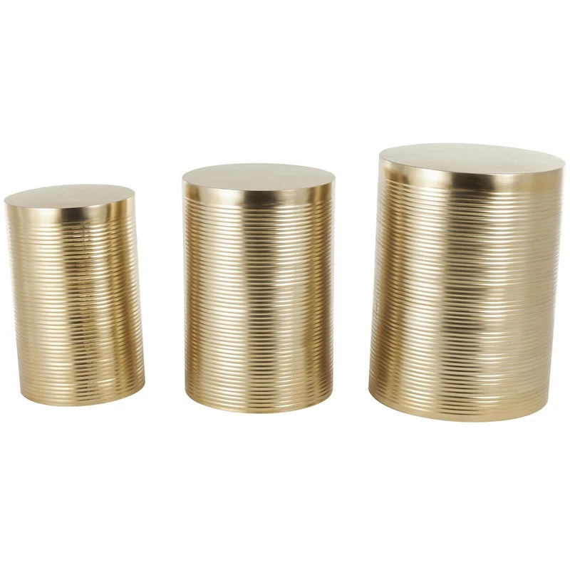 Mesa auxiliar de tambor acanalada oro/plata, juego de 3