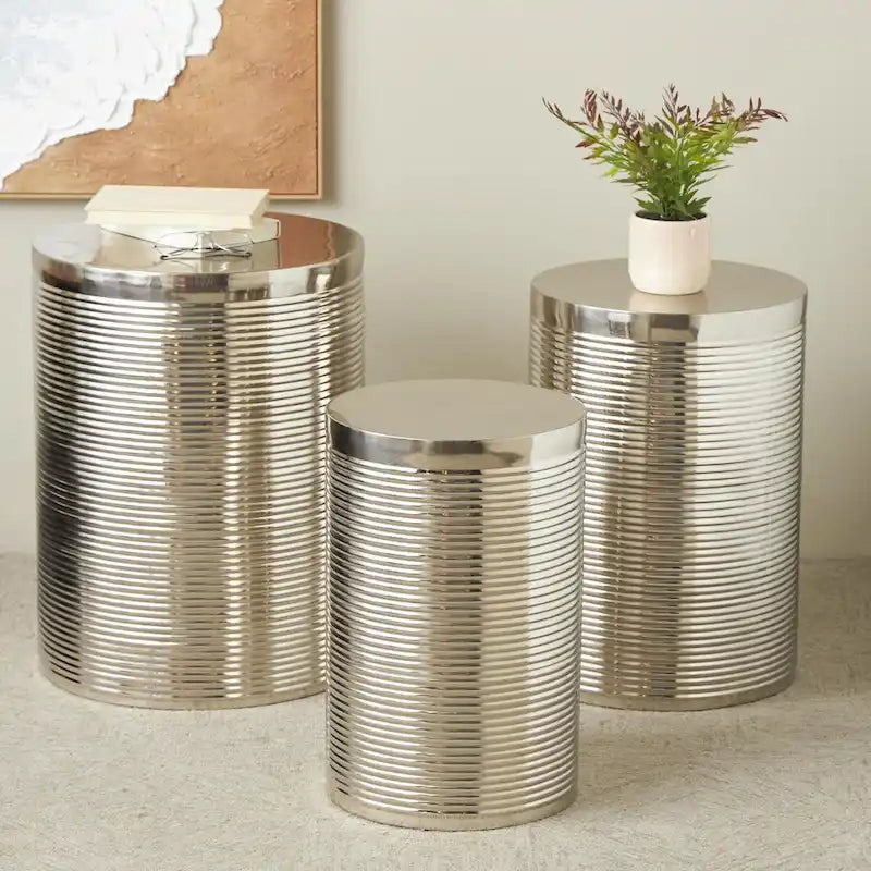 Mesa auxiliar de tambor acanalada oro/plata, juego de 3